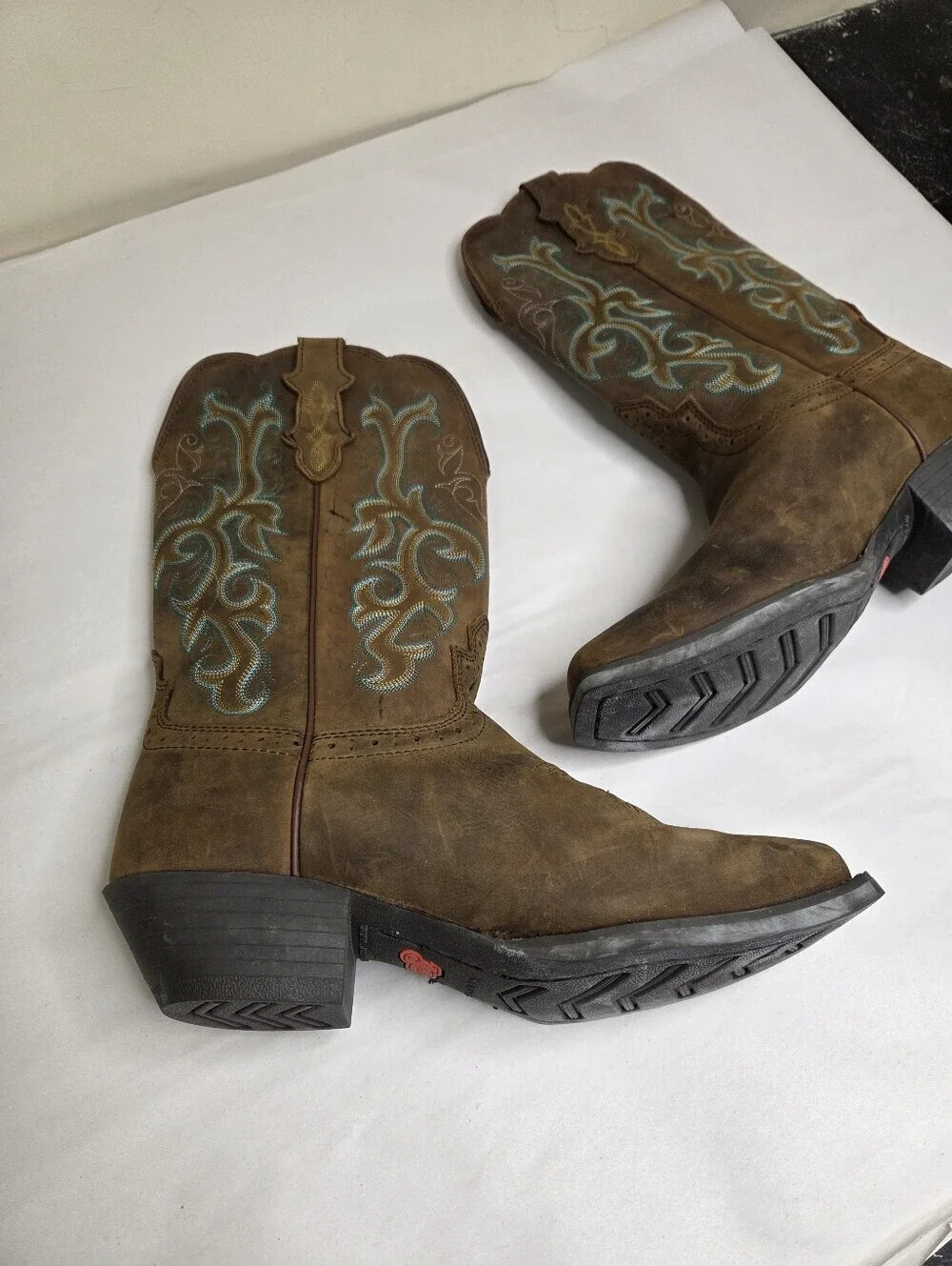 Justin Boots Brown Leather Western Cowboy Boots Embroidered Square Toe  8.5B